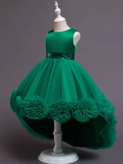 Green Flower Girl Dresses Jewel Neck Sleeveless Bows Tulle Cotton Sequined Kids Party Dresses