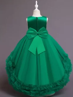 Green Flower Girl Dresses Jewel Neck Sleeveless Bows Tulle Cotton Sequined Kids Party Dresses
