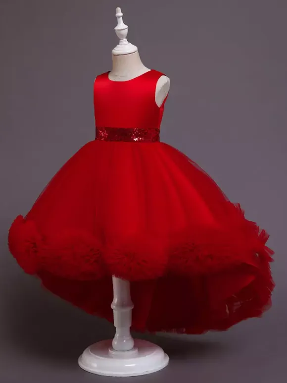 Green Flower Girl Dresses Jewel Neck Sleeveless Bows Tulle Cotton Sequined Kids Party Dresses
