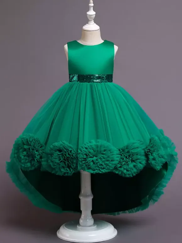 Green Flower Girl Dresses Jewel Neck Sleeveless Bows Tulle Cotton Sequined Kids Party Dresses