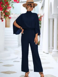 Green High Collar 3/4 Length Sleeves Pleated Straight Summer One Piece Outfit