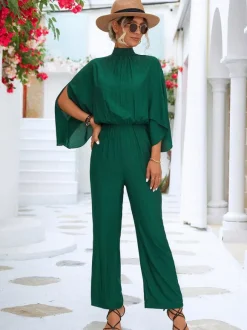 Green High Collar 3/4 Length Sleeves Pleated Straight Summer One Piece Outfit