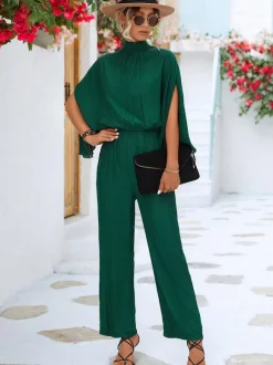Green High Collar 3/4 Length Sleeves Pleated Straight Summer One Piece Outfit