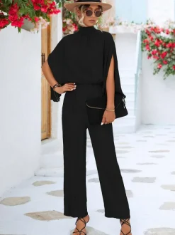 Green High Collar 3/4 Length Sleeves Pleated Straight Summer One Piece Outfit