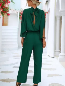 Green High Collar 3/4 Length Sleeves Pleated Straight Summer One Piece Outfit