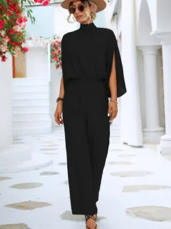 Green High Collar 3/4 Length Sleeves Pleated Straight Summer One Piece Outfit