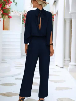 Green High Collar 3/4 Length Sleeves Pleated Straight Summer One Piece Outfit