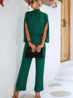 Green High Collar 3/4 Length Sleeves Pleated Straight Summer One Piece Outfit