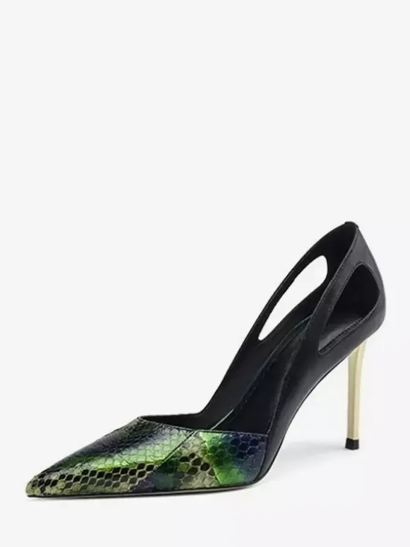 Green High Heel Pumps Pointed Toe Cut Out Slip On Pumps