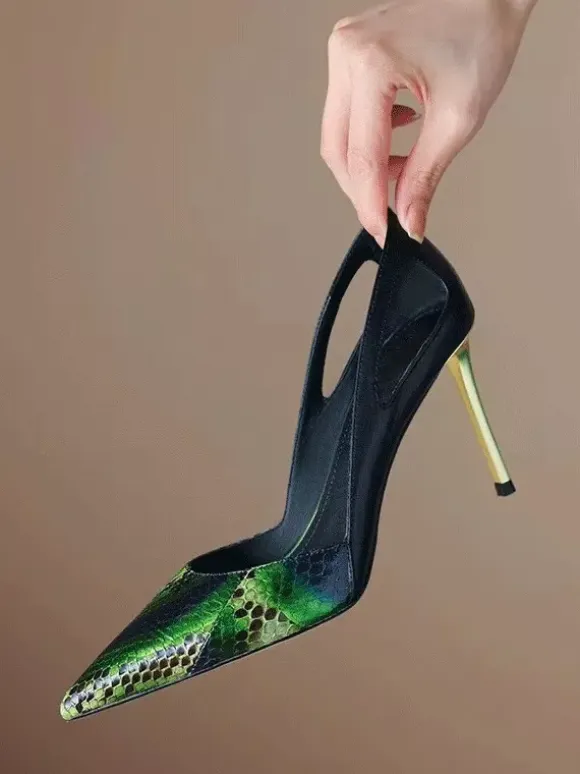 Green High Heel Pumps Pointed Toe Cut Out Slip On Pumps