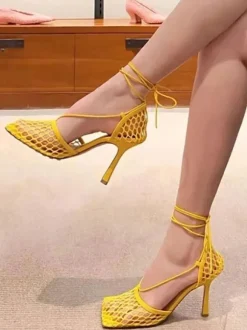 Green Mesh Heels Lace Up Stiletto Heel Sandals Square Toe