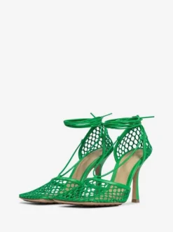Green Mesh Heels Lace Up Stiletto Heel Sandals Square Toe