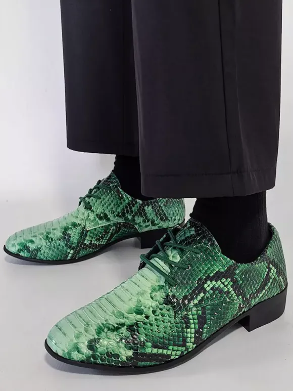 Green Oxford Shoes Snake Pattern Lace Up Casual Shoes