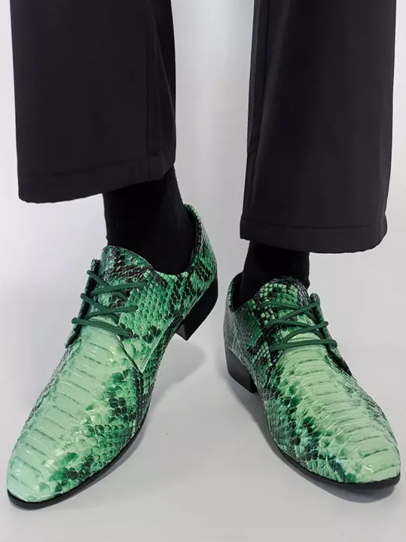 Green Oxford Shoes Snake Pattern Lace Up Casual Shoes
