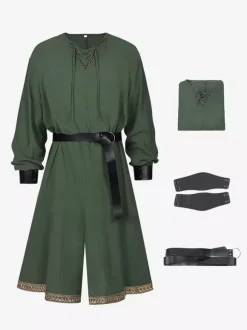 Green 3-Piece Medieval Tunic Set Men's Renaissance Robe With Belt & Bracers Viking Celtic Ranger Costume For Ren Faire