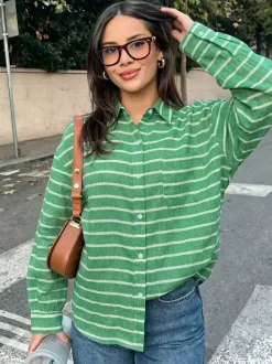 Green Pink Horizontal Striped Button Down Shirt Collar Pocket Long Sleeve Oversized Casual Blouse