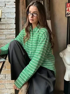 Green Pink Horizontal Striped Button Down Shirt Collar Pocket Long Sleeve Oversized Casual Blouse