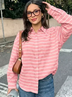 Green Pink Horizontal Striped Button Down Shirt Collar Pocket Long Sleeve Oversized Casual Blouse