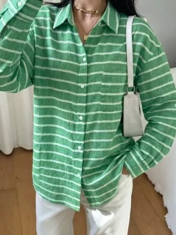 Green Pink Horizontal Striped Button Down Shirt Collar Pocket Long Sleeve Oversized Casual Blouse