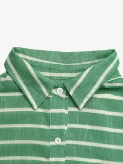 Green Pink Horizontal Striped Button Down Shirt Collar Pocket Long Sleeve Oversized Casual Blouse