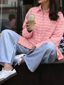 Green Pink Horizontal Striped Button Down Shirt Collar Pocket Long Sleeve Oversized Casual Blouse