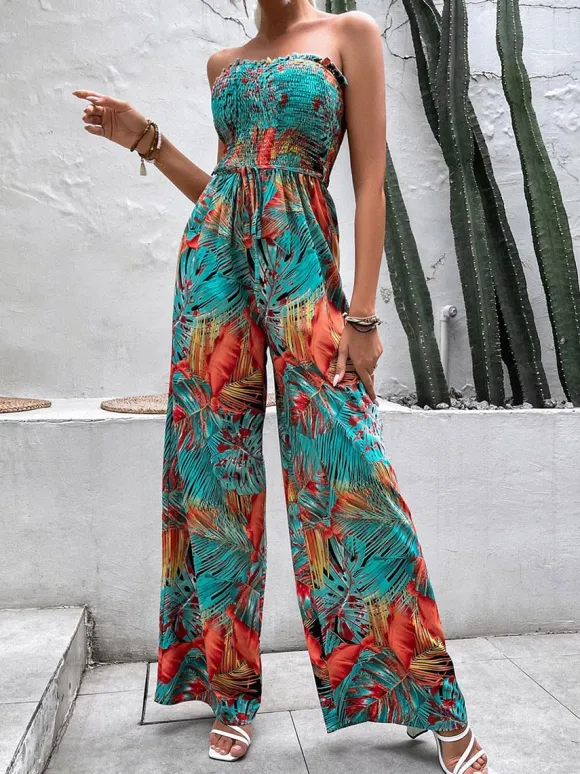 Green Printed Strapless Sleeveless Lace Up Strapless Wide Summer Jumpsuit