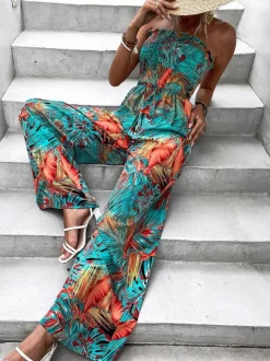Green Printed Strapless Sleeveless Lace Up Strapless Wide Summer Jumpsuit