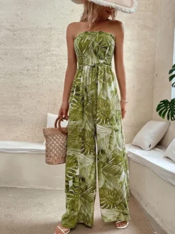 Green Printed Strapless Sleeveless Lace Up Strapless Wide Summer Jumpsuit