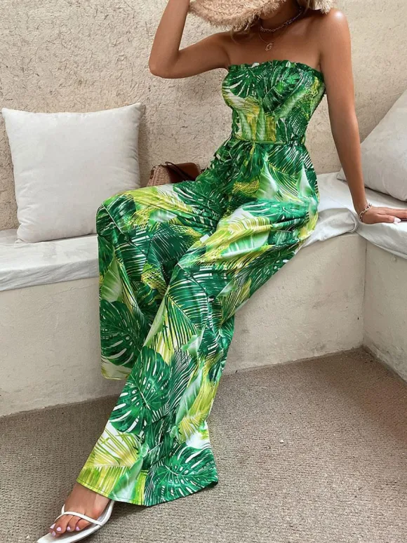 Green Printed Strapless Sleeveless Lace Up Strapless Wide Summer Jumpsuit