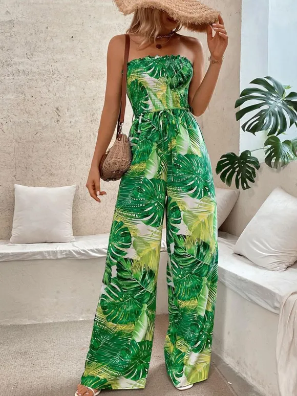 Green Printed Strapless Sleeveless Lace Up Strapless Wide Summer Jumpsuit