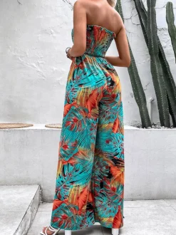 Green Printed Strapless Sleeveless Lace Up Strapless Wide Summer Jumpsuit