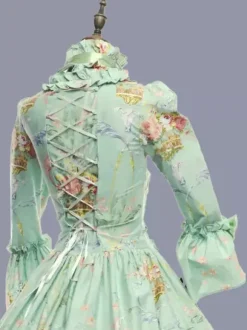 Green Retro Tudor Dress Costumes Ruffles Polyester Floral Print Dress Marie Antoinette Costume Women's Retro Tunic Party Prom Dress
