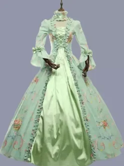Green Retro Tudor Dress Costumes Ruffles Polyester Floral Print Dress Marie Antoinette Costume Women's Retro Tunic Party Prom Dress