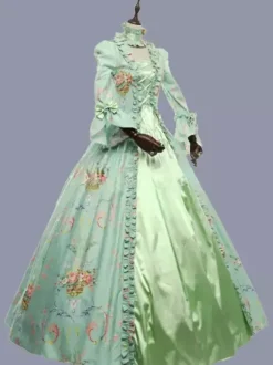 Green Retro Tudor Dress Costumes Ruffles Polyester Floral Print Dress Marie Antoinette Costume Women's Retro Tunic Party Prom Dress