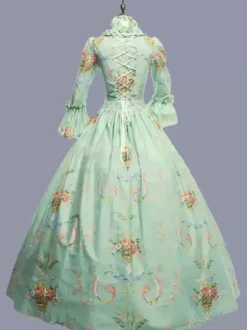 Green Retro Tudor Dress Costumes Ruffles Polyester Floral Print Dress Marie Antoinette Costume Women's Retro Tunic Party Prom Dress
