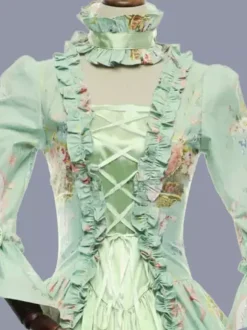 Green Retro Tudor Dress Costumes Ruffles Polyester Floral Print Dress Marie Antoinette Costume Women's Retro Tunic Party Prom Dress