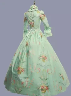Green Retro Tudor Dress Costumes Ruffles Polyester Floral Print Dress Marie Antoinette Costume Women's Retro Tunic Party Prom Dress
