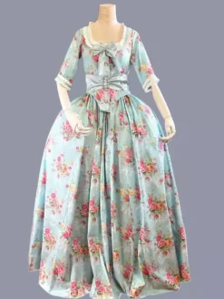 Green Retro Tudor Dress Costumes Women's Floral Print Ruffles Bows Polyester Tunic Dress Marie Antoinette Costume Retro Party Prom Dress