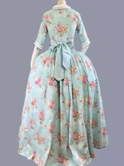 Green Retro Tudor Dress Costumes Women's Floral Print Ruffles Bows Polyester Tunic Dress Marie Antoinette Costume Retro Party Prom Dress