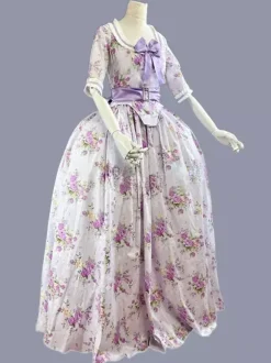Green Retro Tudor Dress Costumes Women's Floral Print Ruffles Bows Polyester Tunic Dress Marie Antoinette Costume Retro Party Prom Dress
