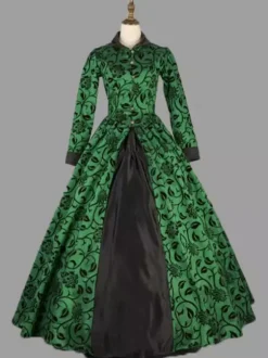 Green Retro Tudor Dress Costumes Women's Floral Print Marie Antoinette Costume Polyester Tunic Dress Retro Party Prom Dress