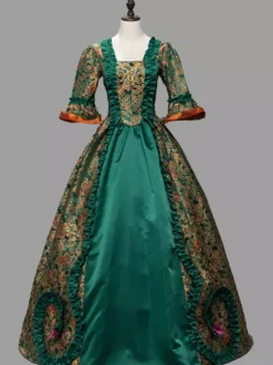 Green Retro Tudor Dress Costumes Ruffles Polyester Floral Print Marie Antoinette Costume Dress Women's Retro Tunic 18th Century Costume