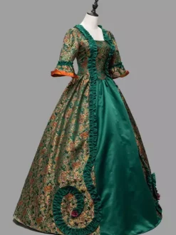 Green Retro Tudor Dress Costumes Ruffles Polyester Floral Print Marie Antoinette Costume Dress Women's Retro Tunic 18th Century Costume