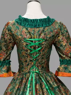 Green Retro Tudor Dress Costumes Ruffles Polyester Floral Print Marie Antoinette Costume Dress Women's Retro Tunic 18th Century Costume