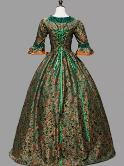 Green Retro Tudor Dress Costumes Ruffles Polyester Floral Print Marie Antoinette Costume Dress Women's Retro Tunic 18th Century Costume