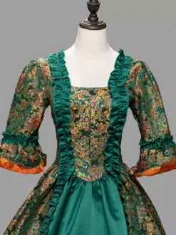 Green Retro Tudor Dress Costumes Ruffles Polyester Floral Print Marie Antoinette Costume Dress Women's Retro Tunic 18th Century Costume