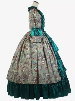 Green Retro Tudor Dress Costumes Ruffles Polyester Floral Print Dress Women's Marie Antoinette Costume Retro Tunic Party Prom Dress