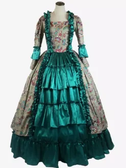 Green Retro Tudor Dress Costumes Ruffles Polyester Floral Print Dress Women's Marie Antoinette Costume Retro Tunic Party Prom Dress