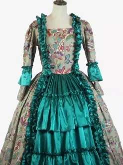Green Retro Tudor Dress Costumes Ruffles Polyester Floral Print Dress Women's Marie Antoinette Costume Retro Tunic Party Prom Dress