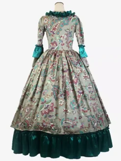 Green Retro Tudor Dress Costumes Ruffles Polyester Floral Print Dress Women's Marie Antoinette Costume Retro Tunic Party Prom Dress